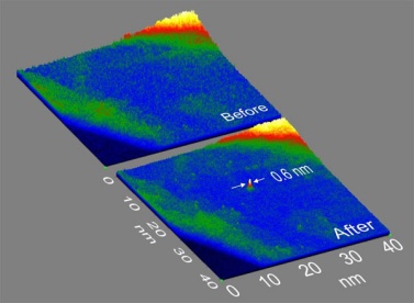A sub-1 nm sized deposit written on few-layer graphene with FEBID. The image is recorded with the annular dark field signal in a STEM. (image: Marbach)