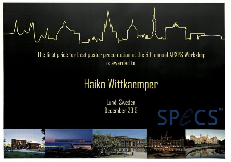 APXPS Workshop 2019 Poster Award to Chemistry postgraduate from FAU