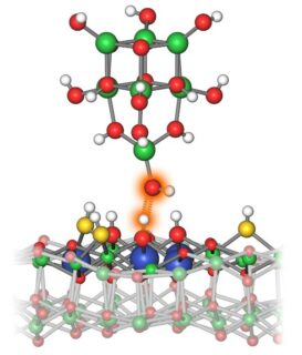 A specially modified tip of an atomic force microscope allows the analysis of the acidity of individual surface OH groups. (Image: B. Meyer Group)