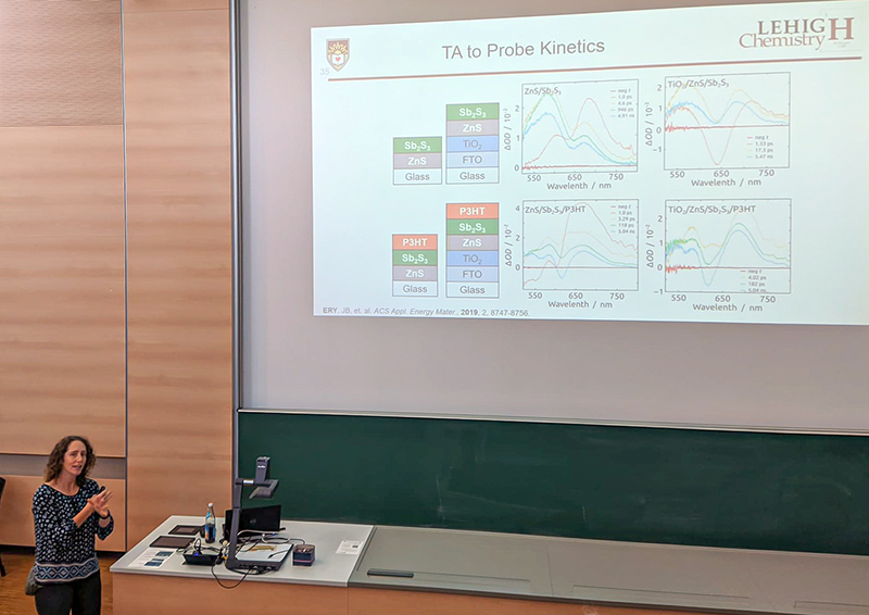 Prof. Young is standing in the lecture hall and giving her lecture. Behind her, her presentation is projected onto the wall with the beamer.