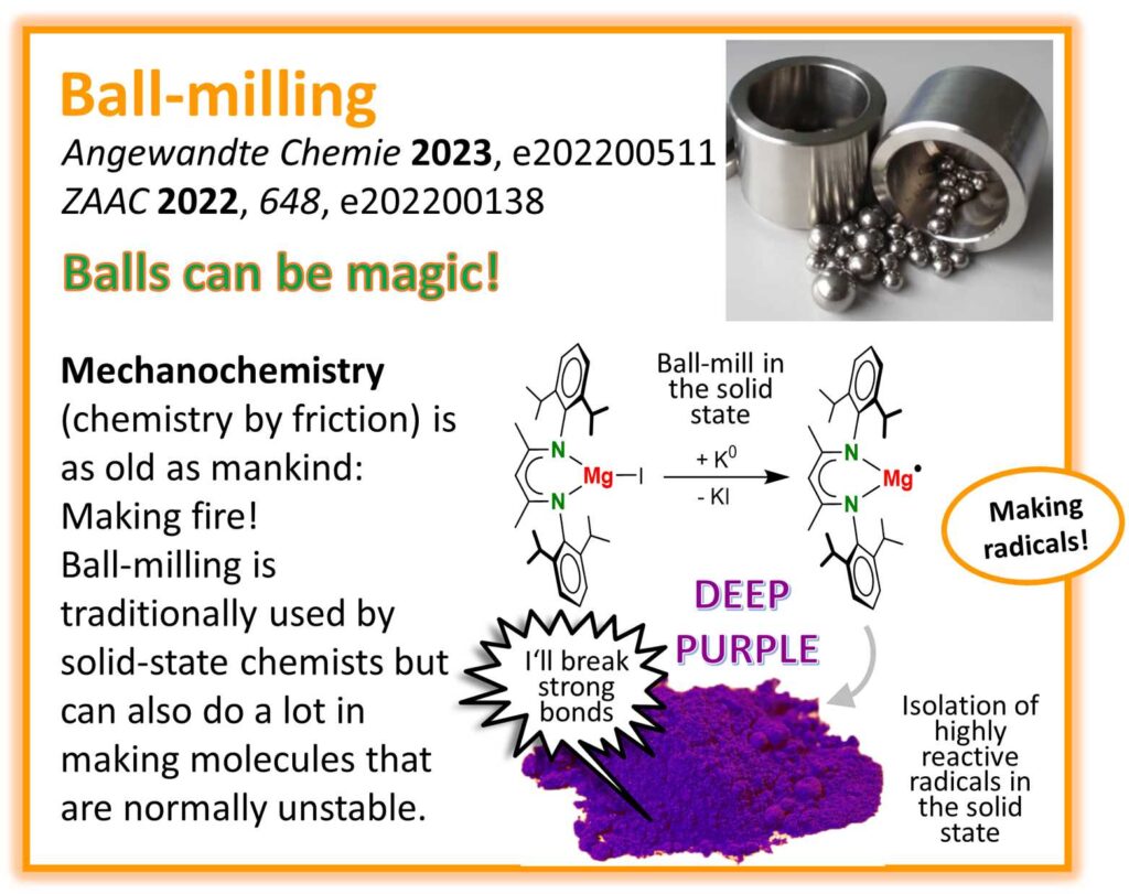 Ball-milling : Angewandte Chemie 2023, 202200511, ZAAC 2022,648,e202200138 Balls can be magic ! Mechanochemistriy (chemistry by friction) is old as mankind. Making fire! Ball-milling is traditionally used by solid-state chemists but can also do a lot in making molecules that are normally unstable. Illustrating molecule pictures.