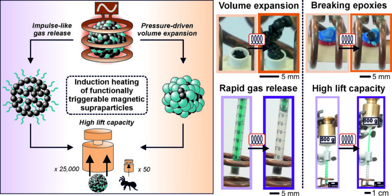 Mechanical Forces at the Push of a Button: Magnetically Activated Supraparticles Convert Heat into Work